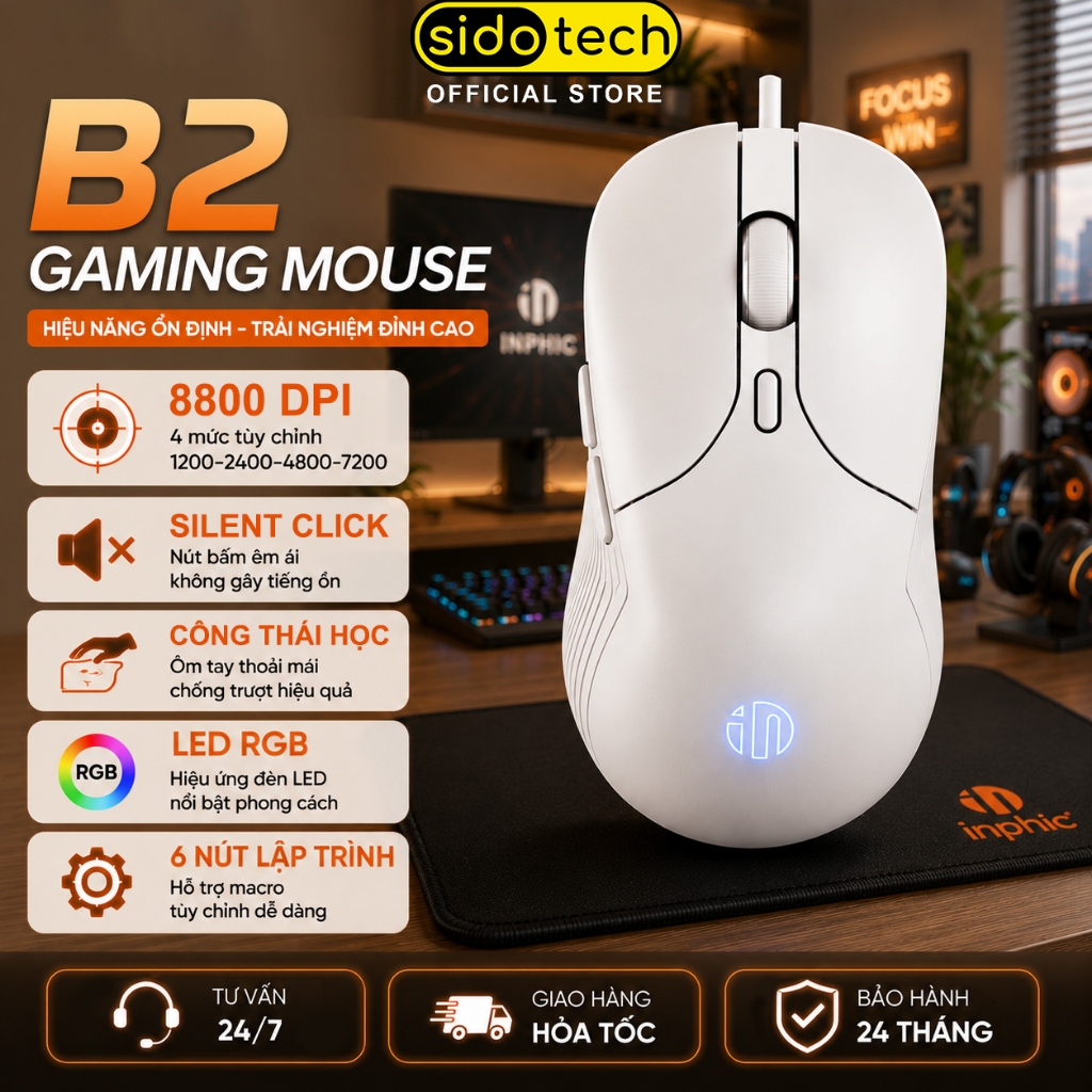 Chuột máy tính có dây silent chống ồn SIDOTECH INPHIC B2 văn phòng gaming 6 nút bấm DPI 8800 có app led RGB laptop pc
