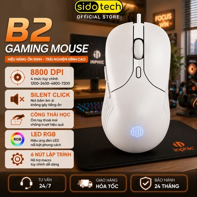 Chuột máy tính có dây silent chống ồn SIDOTECH INPHIC B2 văn phòng gaming 6 nút bấm DPI 8800 có app led RGB laptop pc