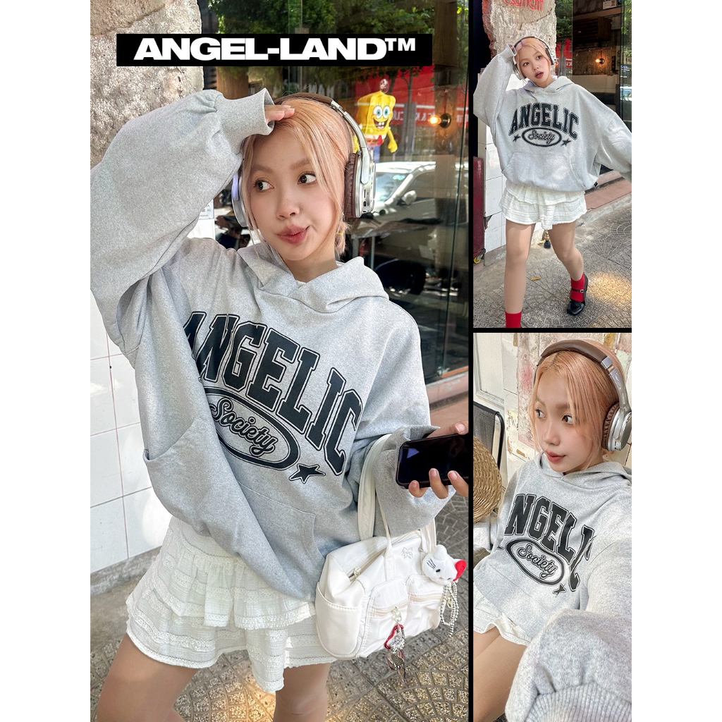 Áo HOODIE FORM BOXY nỉ chân cua ANGELIC SOCIETY màu Xám Tiêu Dày Cotton Chính Hãng Angel Land | BigBuy360 - bigbuy360.vn