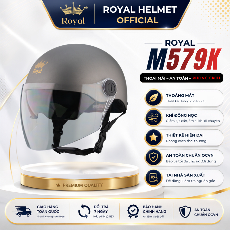 Mũ Bảo Hiểm Nửa Đầu Royal Chính Hãng M579K Có Kính Chắn Gió Nam Nữ - Nón Bảo Hiểm 1/2 Đầu Cao Cấp