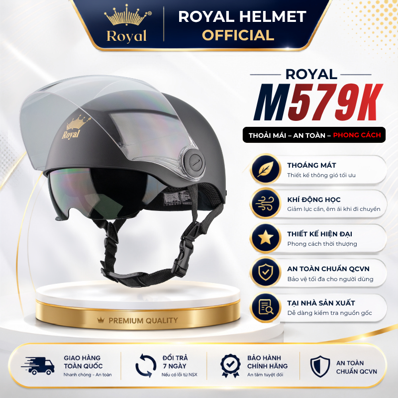 Mũ Bảo Hiểm Nửa Đầu Royal Chính Hãng M579K Dòng 2 Kính,  Nón Bảo Hiểm 1/2 Đầu Royal 2 Kính Nam Nữ