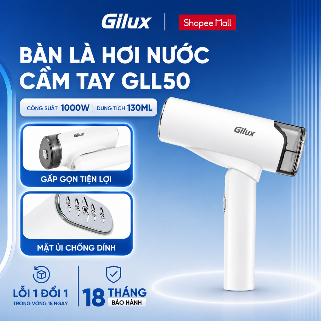 Bàn Ủi Hơi Nước Cầm Tay Gilux GLL50 - Công Suất 1000W, Gấp Gọn, Ủi Phẳng Mọi Loại Vải - Bảo Hành 12 