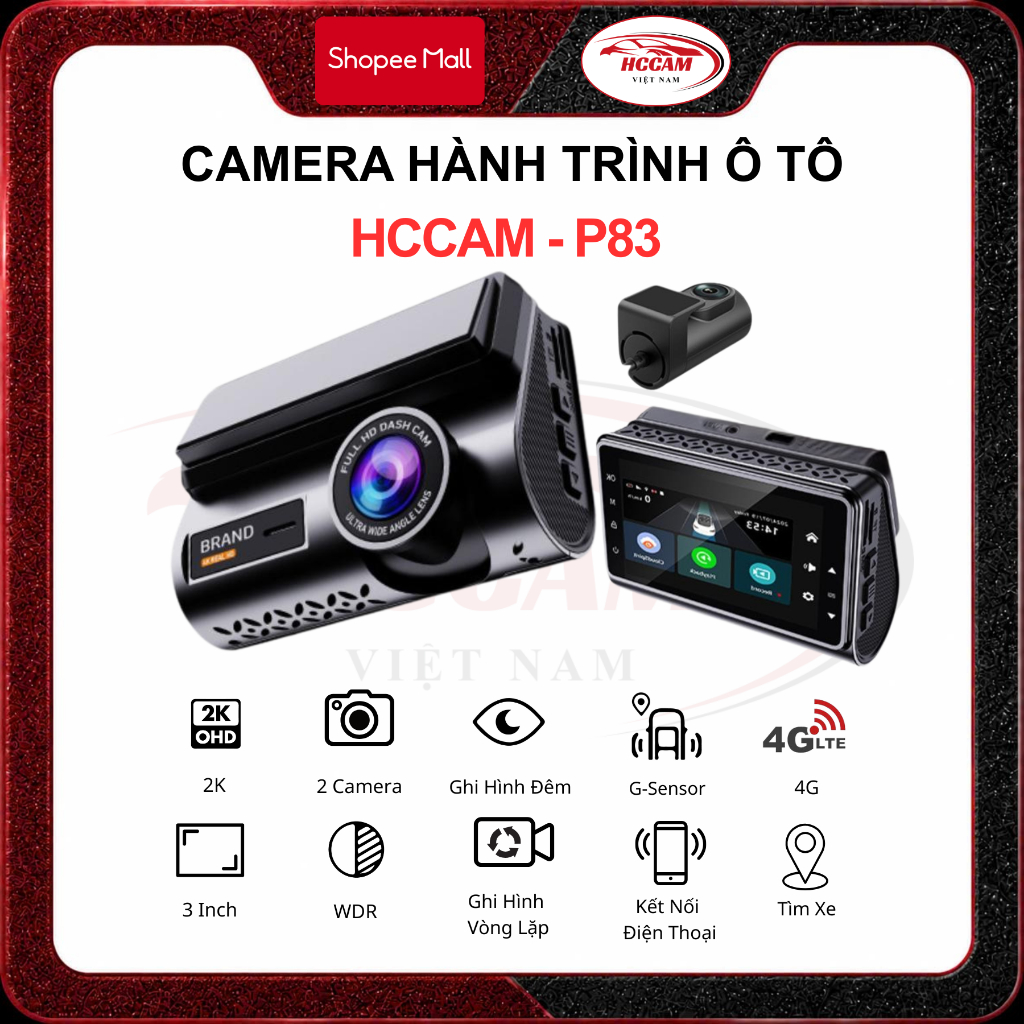 [TẶNG THẺ 32GB] Camera hành trình Ô tô P83 4G, Ghi hình 2 kênh 2K QHD Quản lý xe từ xa 24/7, định vị