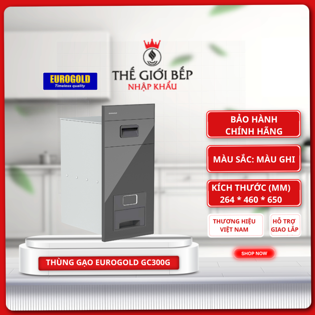 Thùng Gạo Gương Nút Nhấn Eurogold GC300G/ GC300S/ GC300B – Inox Mặt Gương, Tủ Rộng 300mm