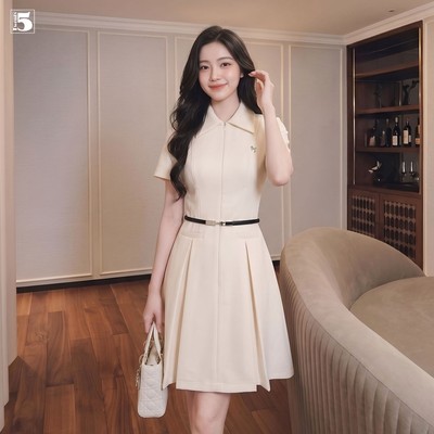 Đầm nữ Twentyfive công sở ngắn tay, vạt xếp ly xòe kèm dây lưng thanh lịch DH147