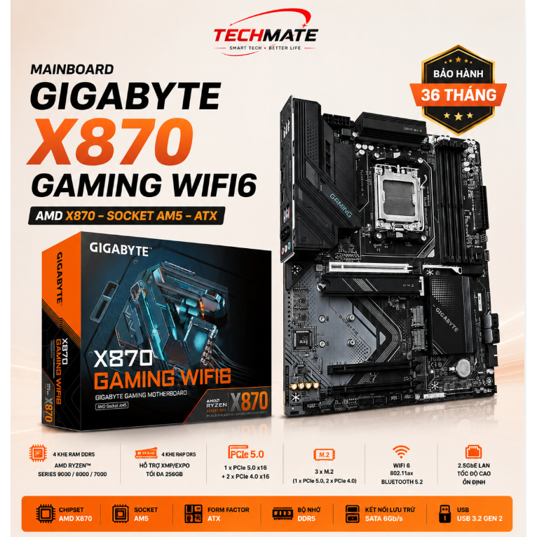Mainboard GIGABYTE X870 GAMING WIFI6 (AMD X870, Socket AM5, ATX, 4 khe RAM DDR5)