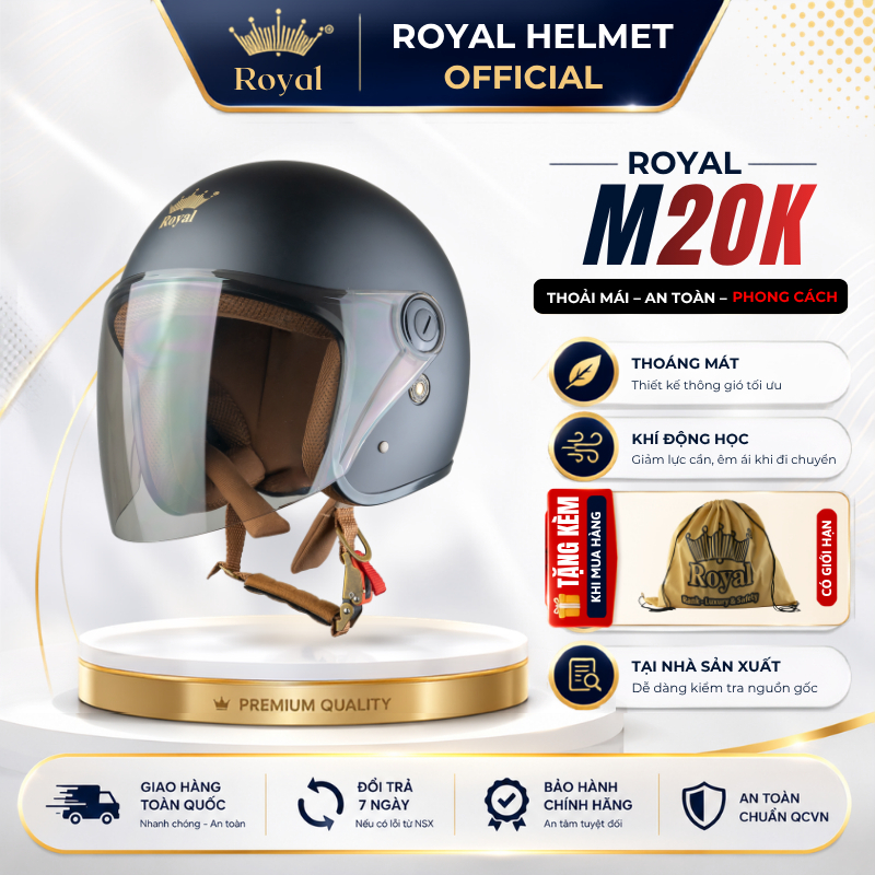 Nón Bảo Hiểm 3/4 Royal Chính Hãng M20K Có Kính Dài Che Hết Mặt Nam Nữ Đi Xe Máy Phượt Cao Cấp