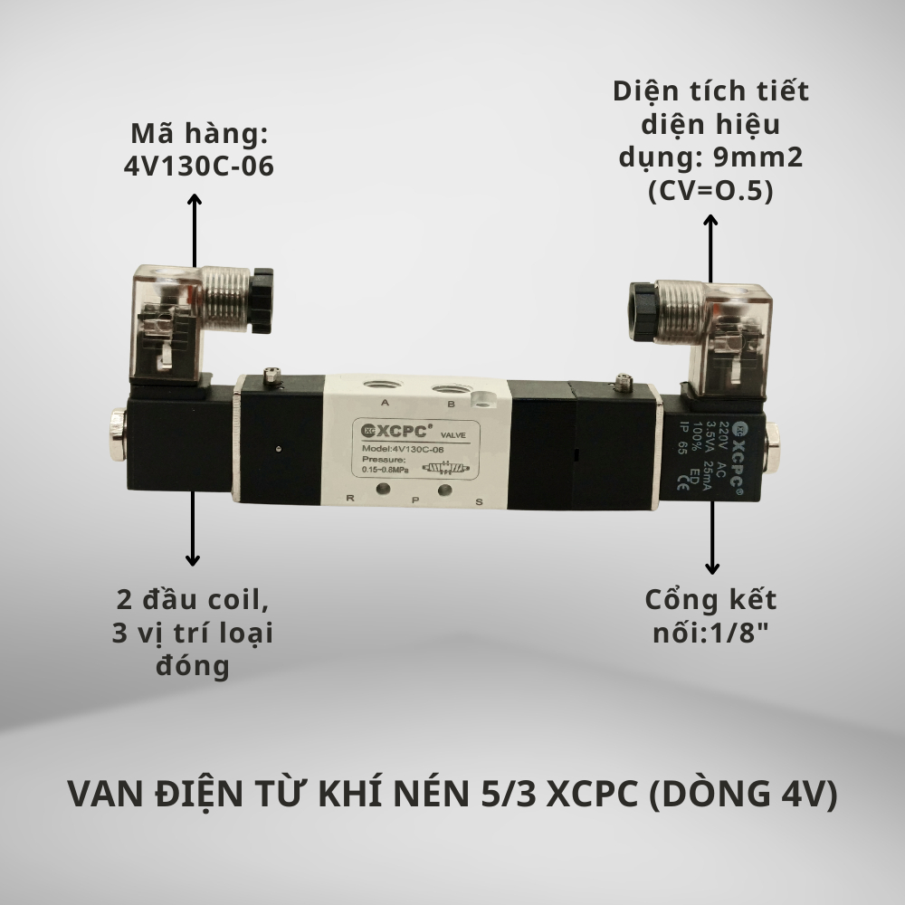 Van Điện Từ Khí Nén 5/3 XCPC 4V130C-06 - 3 Vị Trí, 5 Cửa