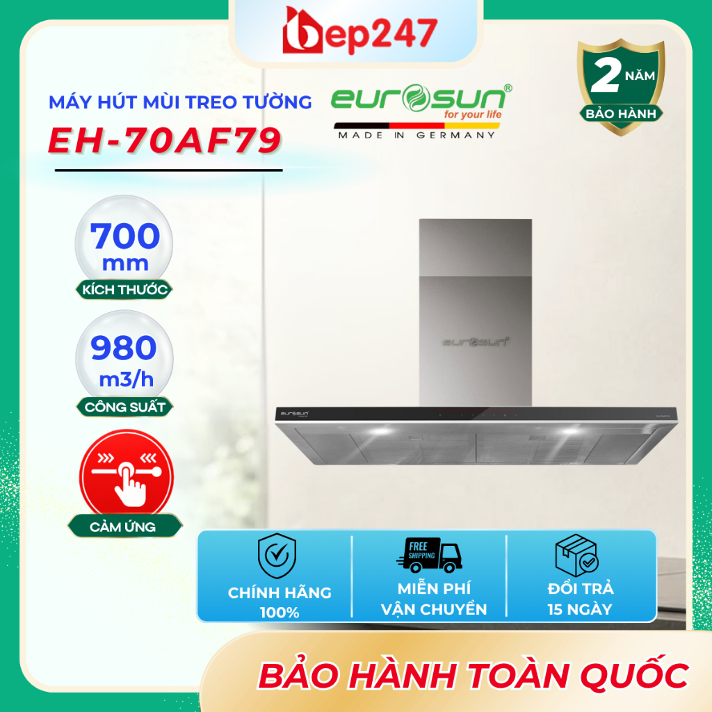 Máy Hút Mùi Eurosun EH-70AF79 70cm Inverter BLDC Hút Mạnh 980m³/h Cảm Ứng 5 Tốc Độ Than Hoạt Tính Ch