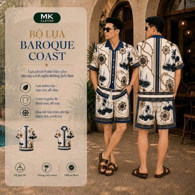 Set Bộ lụa Nam Baroque Coast MKCLEVER chất lụa mịn mát, thoáng mát, co giãn, form dáng thoải mái, trẻ trung