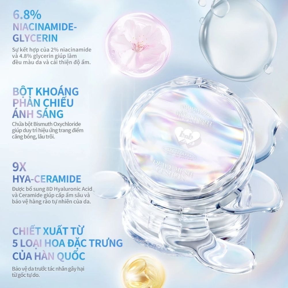 Ảnh 5 của Cushion barenbliss Bloomdew Moonlight Dewy Mesh căng bóng mọng nước che phủ chống nắng SPF50PA+++15g
