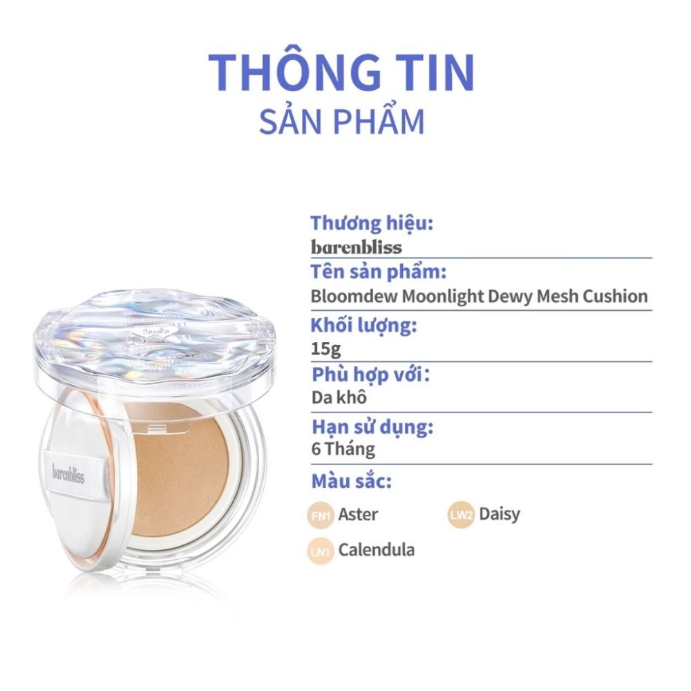 Ảnh 9 của Cushion barenbliss Bloomdew Moonlight Dewy Mesh căng bóng mọng nước che phủ chống nắng SPF50PA+++15g