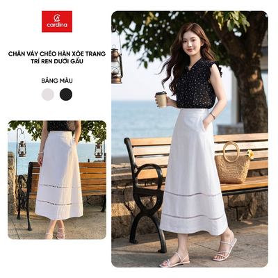 Chân váy nữ CARDINA chất liệu chéo hàn dáng xòe trang trí ren dưới gâu 6CVX12