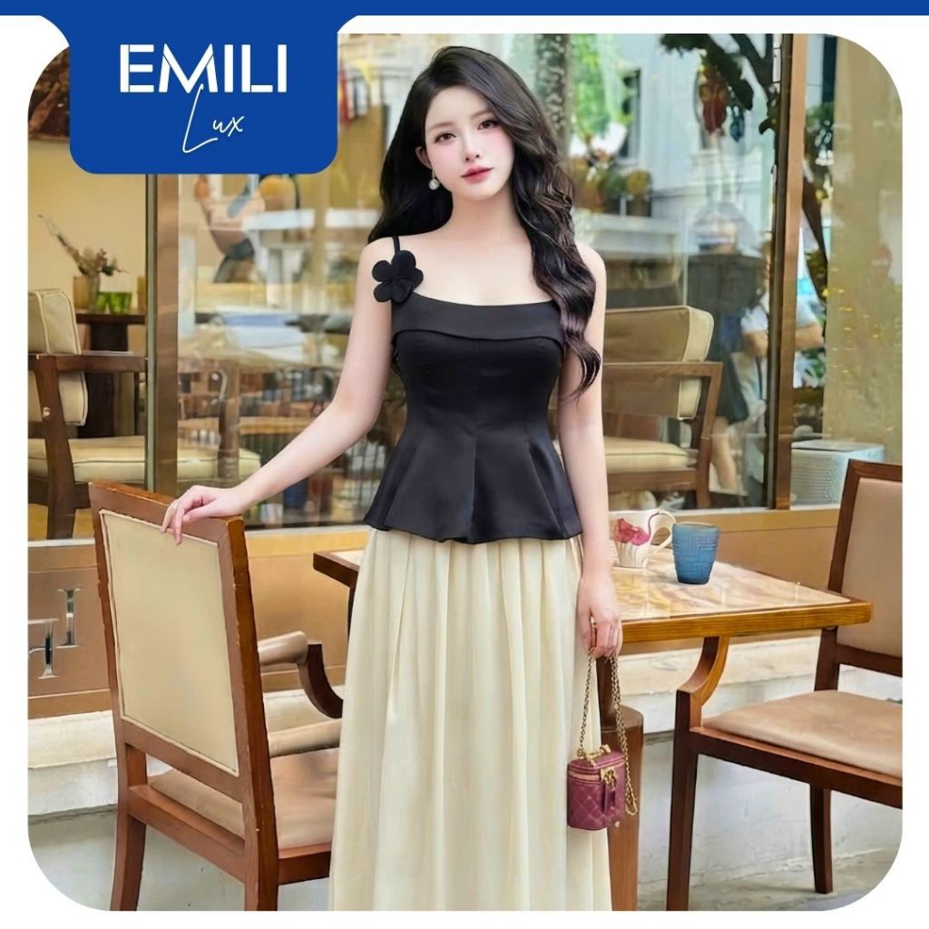 Set lụa áo 2 dây peplum đính hoa phối chân váy be dài thanh lịch Emili Lux đi chơi, đi tiệc B212