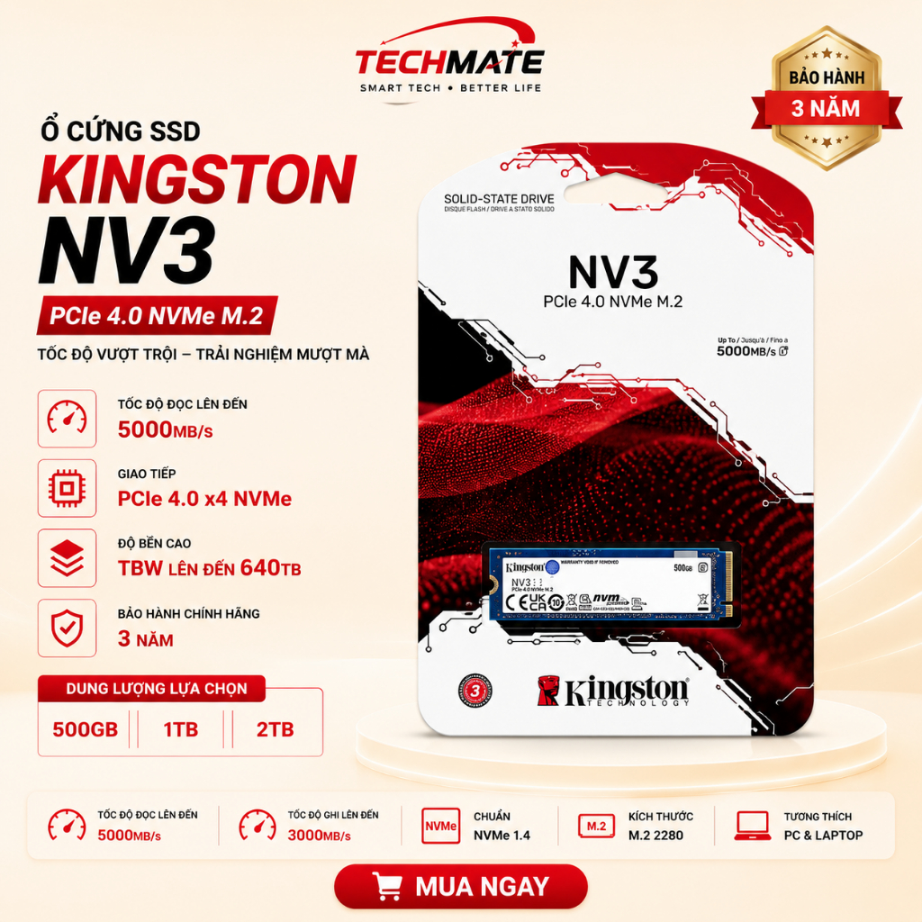 Ổ cứng SSD Kingston NV3 500GB / 1TB/ 2TB Nvme Gen 4x4 -BH 36 tháng .Techmatepc