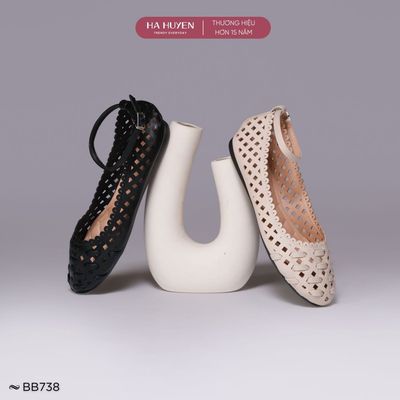 Giày búp bê nữ đế bệt HÀ HUYỀN mũi tròn chất da mềm quai da cài - BB738