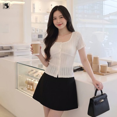 Áo kiểu ngắn tay Twentyfive len dệt mỏng nhẹ, form ôm, phong cách Hàn Quốc AH177