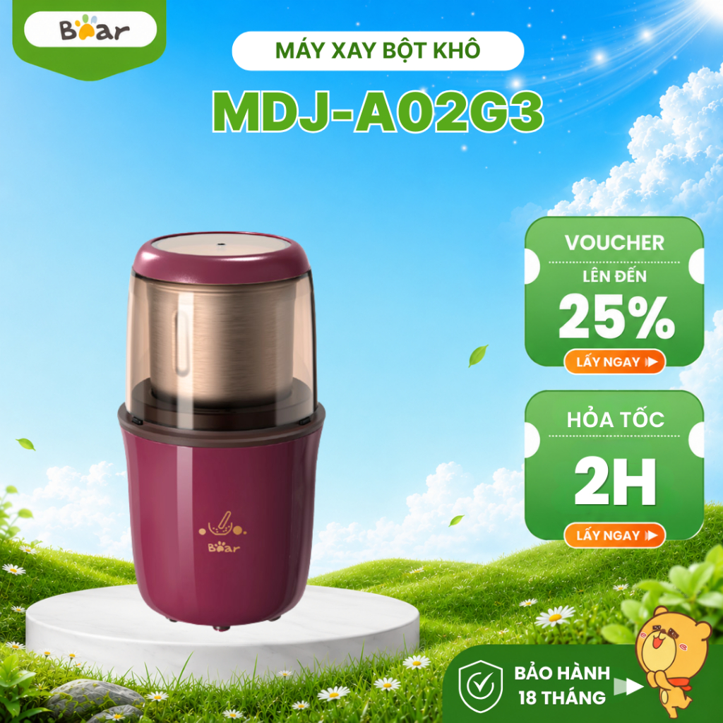 Máy Xay Bột Khô Bear MDJ-A02G3, Dung Tích 75g, Màu Đỏ Nâu Trầm