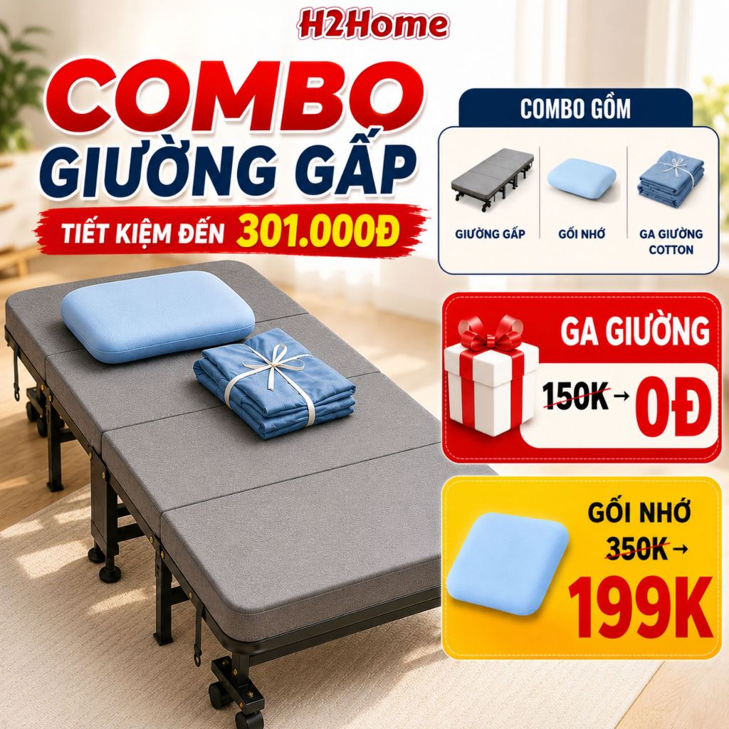 Combo Giường Gấp Văn Phòng H2Home (Tặng Ga Giường) + Gối Memory Foam, Bộ Ngủ Trưa Cao Cấp, Bảo  12 T