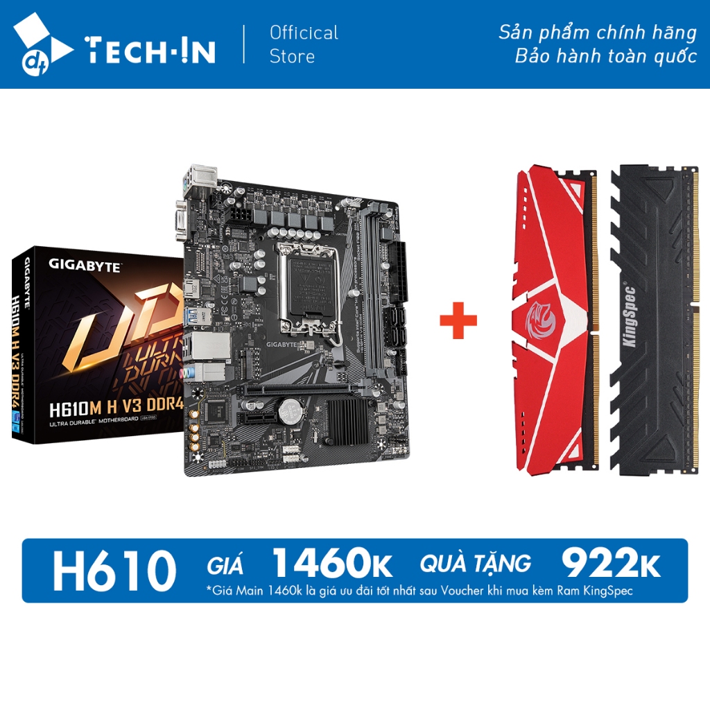 Combo H610 + 16GB Ram / Main Gigabyte H610M H V3 DDR4 và RAM KingSpec DDR4 PC Gaming - Hàng Chính Hã