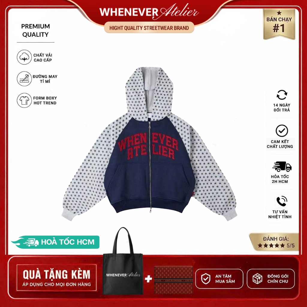 Whenever Atelier | Áo Hoodie Whenever Star Raglan Hoodie Vải Nỉ Bông Form Boxy Vải Cao Cấp -Navy Gre