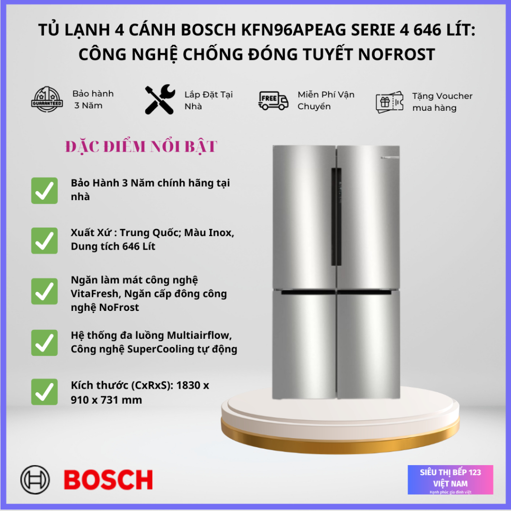 Tủ lạnh Bosch KFN96APEAG Series 4: Dung Tich 646 Lít,Tiết kiệm điện, chống đông, khử mùi