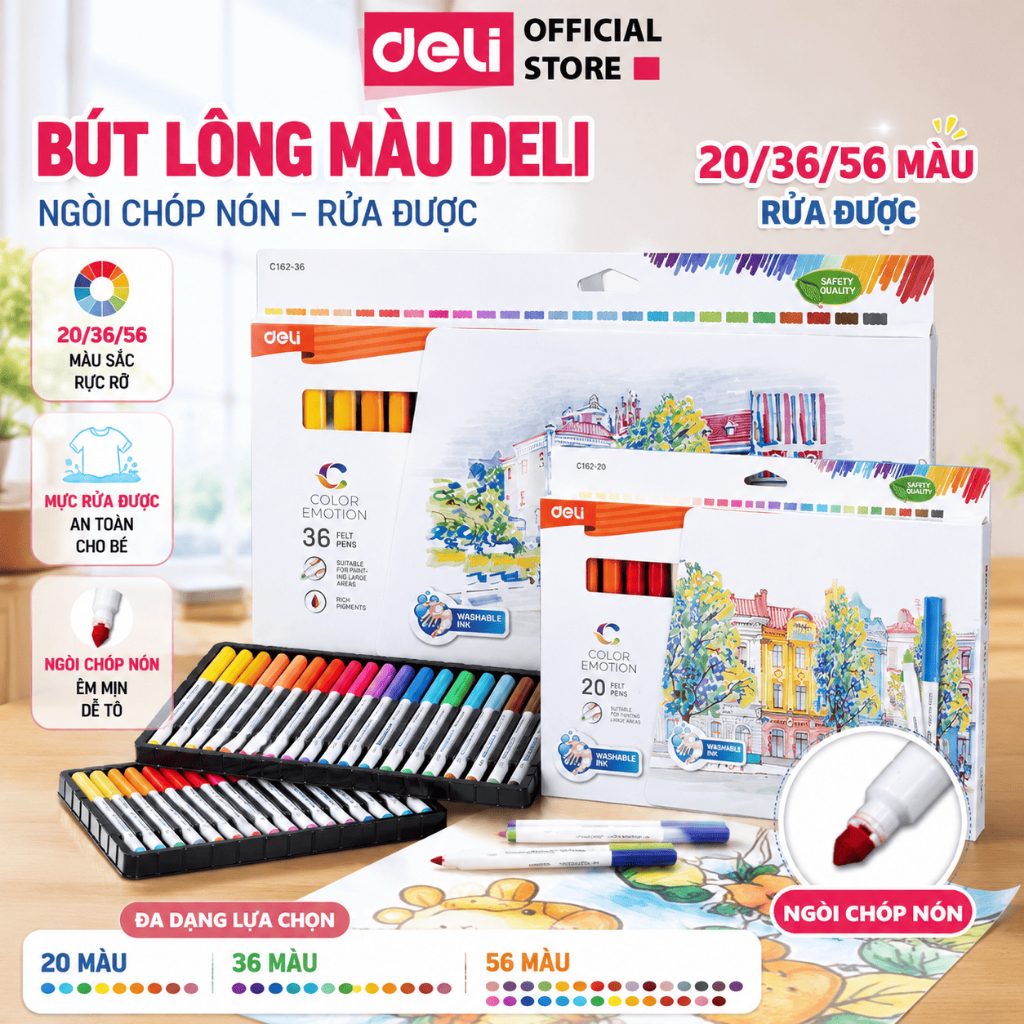 Bút Lông Màu Fiber Pen Deli 20/36/56 Màu, Mực An Toàn, Có Thể Rửa Được, Màu Sắc Tươi Sáng