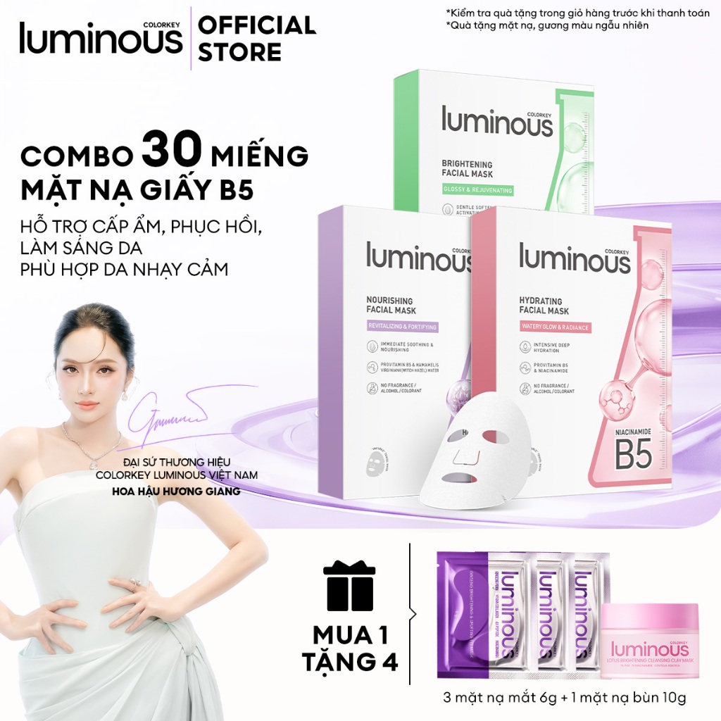 Mặt Nạ Giấy COLORKEY LUMINOUS | COMBO 3 HỘP| Tinh Chất Vitamin B5 Cấp Ẩm Cho Da Mịn Màng 25ml x 30 miếng