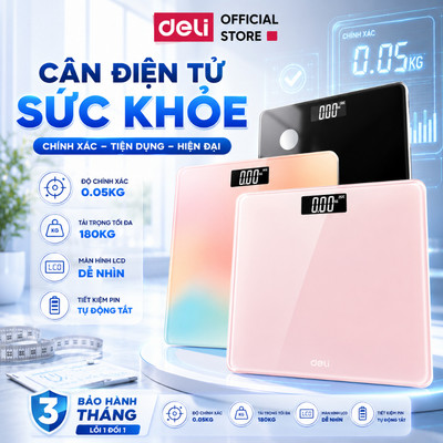 Cân Điện Tử Deli Nhiều Màu Đo Chỉ Số Cơ Thể Chịu Lực Tối Đa 180Kg Màn Hình Số LCD Cân Chính Xác Thiết Kế Nhỏ Gọn