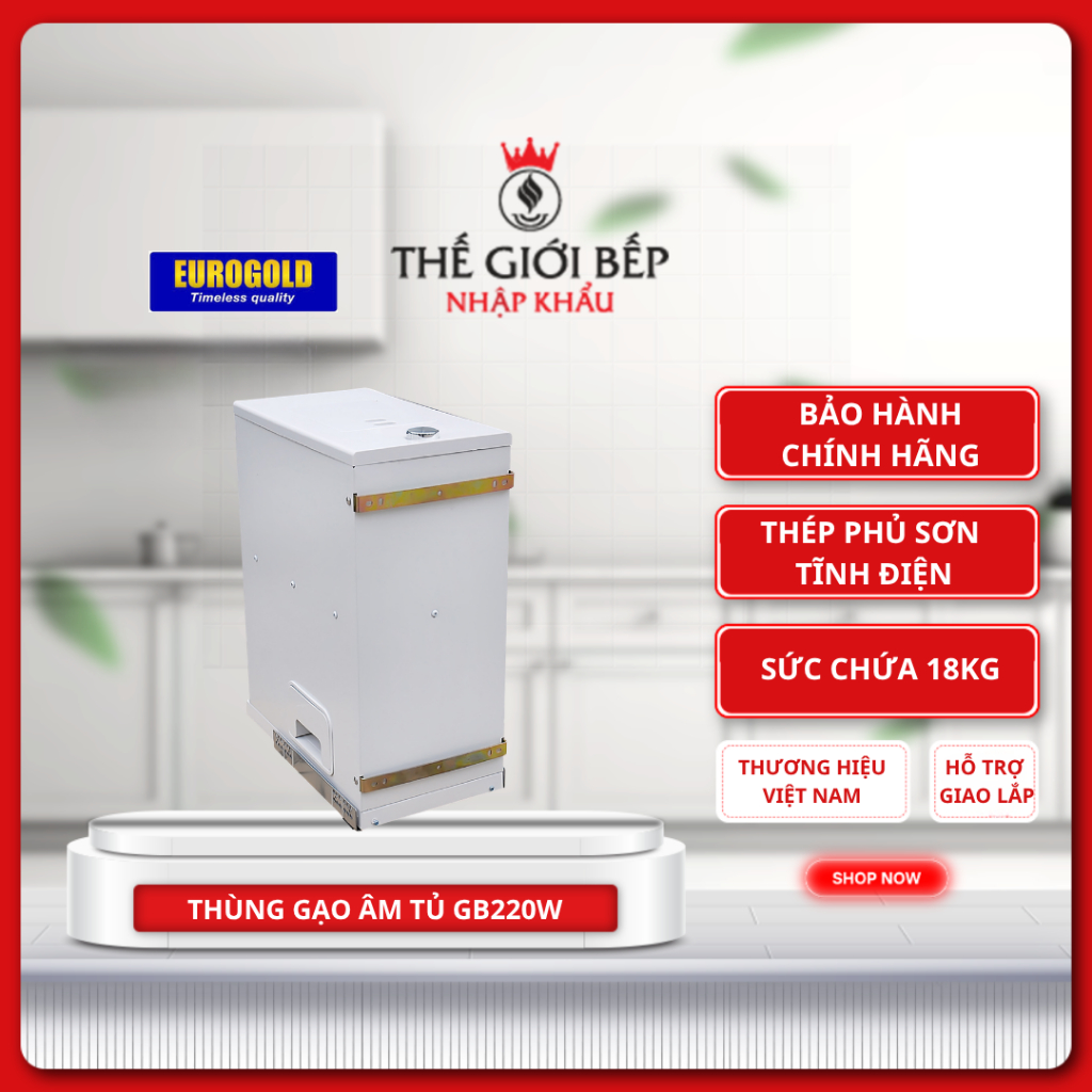 Thùng đựng gạo Eurogold B22/GB220W – Gắn cánh, inox bền, dễ lấy gạo, dung tích lớn