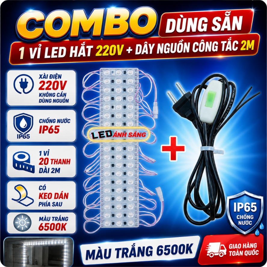 Combo đèn LED Hắt 220V Vỉ 20 thanh dài 2m kèm Dây nguồn công tắc 2m, chống nước IP65 Điện 220v không