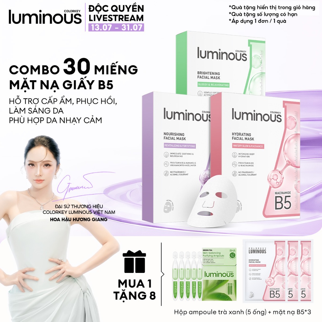 [LIVE DAILY - MUA 1 TẶNG 8] COMBO 3 Hộp Mặt Nạ Giấy COLORKEY LUMINOUS Vitamin B5 Cấp Ẩm Cho Da Mịn M