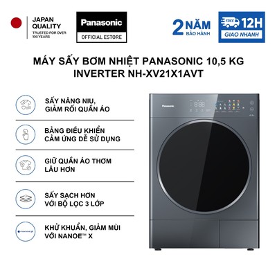 [GIAO SAU 04/09] Máy sấy bơm nhiệt Panasonic 10,5 kg với 3 động cơ Inverter NH-XV21X1AVT-Diệt khuẩn hiệu quả với Nanoe™