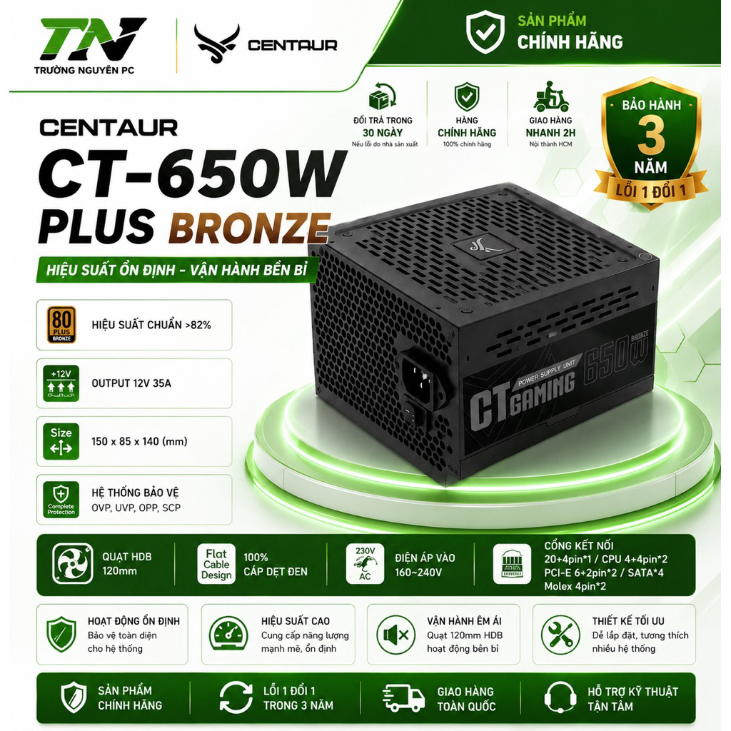Nguồn Máy Tính CENTAUR CT-650W 80 Plus Bronze | PSU Gaming | Cáp Đen Dẹt