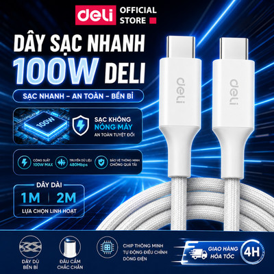 Dây Sạc TypeC DELI Dây Bọc Dù Chống Rối PD 100W 20W Nối Đầu C-C USB-C-L Đầu Sạc Nhanh Hỗ Trợ Truyền Dữ Liệu 480Mbps
