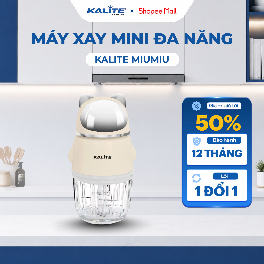 Máy Xay Thịt Mini KALITE MiuMiu - Dung Tích 350ml - Lưỡi Dao 6 Cánh Bằng Inox304 - Cối Thuỷ Tinh An 