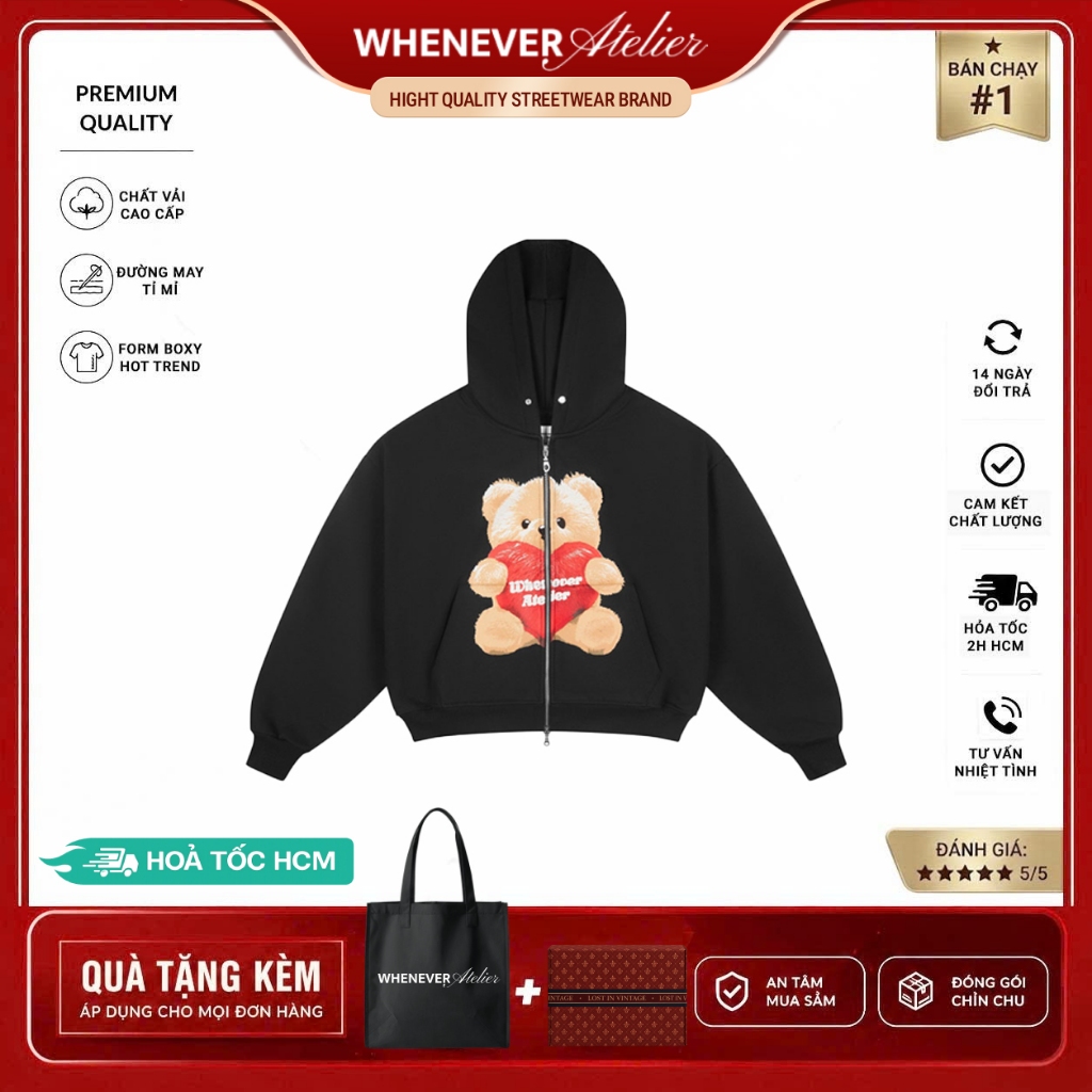 Whenever Atelier | Áo Hoodie Zip Whenever Bear Hoodie Zip Form Boxy Vải Nỉ Bông Cao Cấp - Black