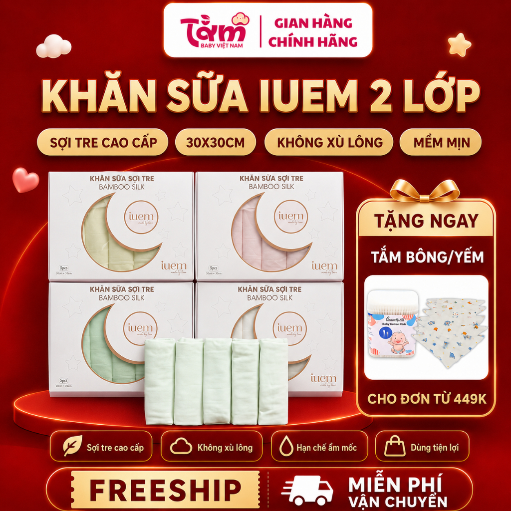 Hộp 5 Khăn Sữa Sợi Tre Lụa iuem 2 Lớp Cho Bé Sơ Sinh 30x30cm – Mềm Mịn, Không Bụi vải- Tằm Baby