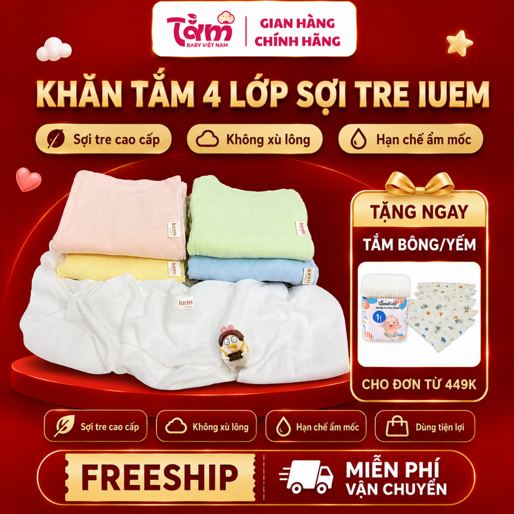 Khăn Tắm 4 lớp iuem Sợi Tre Lụa 90x95cm – Khăn Quấn Ủ Cho Bé Sơ Sinh, Mềm Mát, Thấm Hút - Tằm Baby