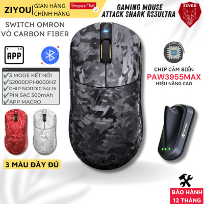 Chuột Gaming Không Dây Attack Shark RS3 ULTRA Vỏ Carbon Fiber, Chip PAW3955MAX, Dongle 8KHz, Có App