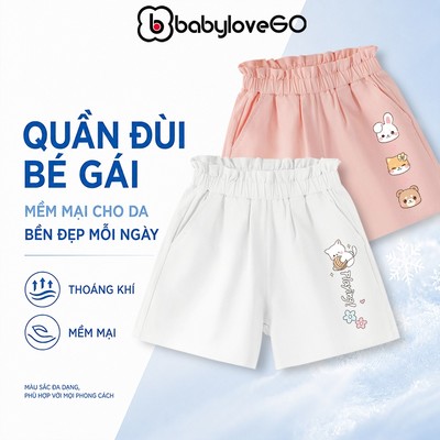 Quần đùi bé gái BabyloveGO mẫu mới 2026 quần short kaki cho bé cạp chun co giãn mềm mịn thoáng mát