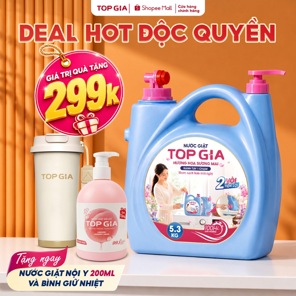 [Tặng Bình Giữ Nhiệt + 200ML Nội Y] Can Nước Giặt TopGia 2 Vòi 5.3KG Giúp Mềm Vải Giữ Màu Quần Áo
