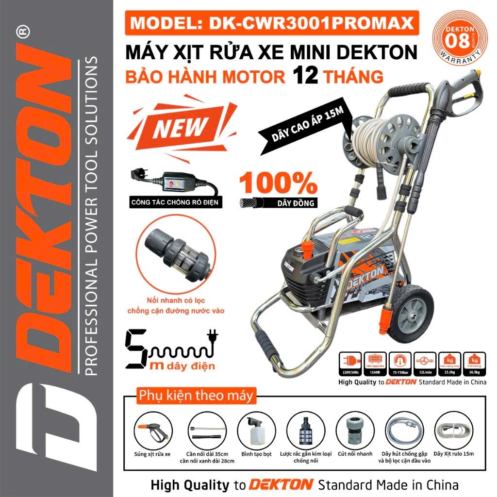 Máy Rửa Xe Chỉnh Áp DEKTON DK-CWR3001PROMAX 2000W Inverter 180Bar Motor Dây Đồng Tự Ngắt Chính Hãng
