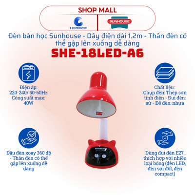 [HỎA TỐC] Đèn bàn học đa năng Sunhouse SHE-18LED-A6 - Đèn chưa kèm bóng đèn - Hàng chính hãng
