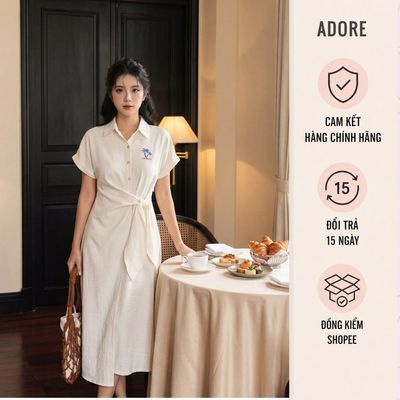 [ ADORE ] Đầm trắng kem Hawai cổ sơ mi nơ vắt lệch 611DR2008