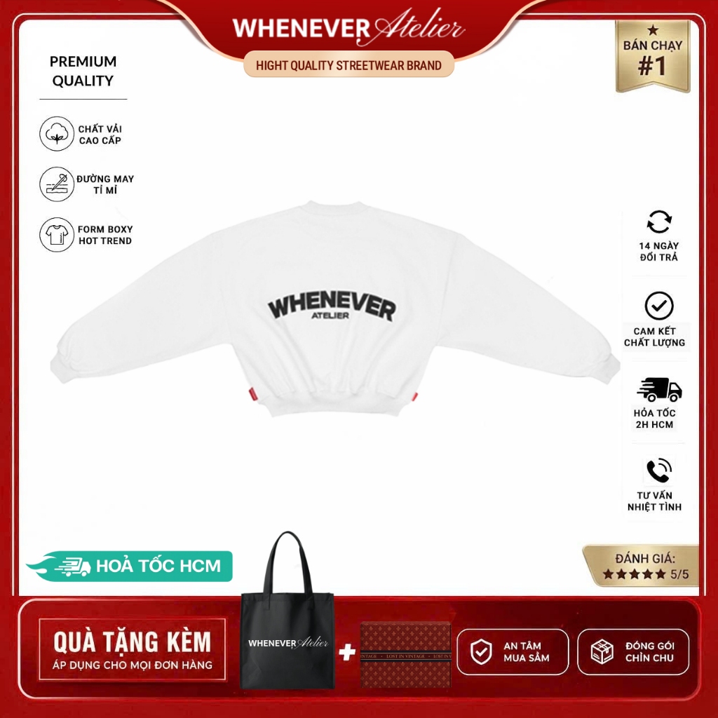 Whenever Atelier | Áo Sweater Whenever Basic Vải Nỉ Bông Form Boxy Vải Cao Cấp -WHITE