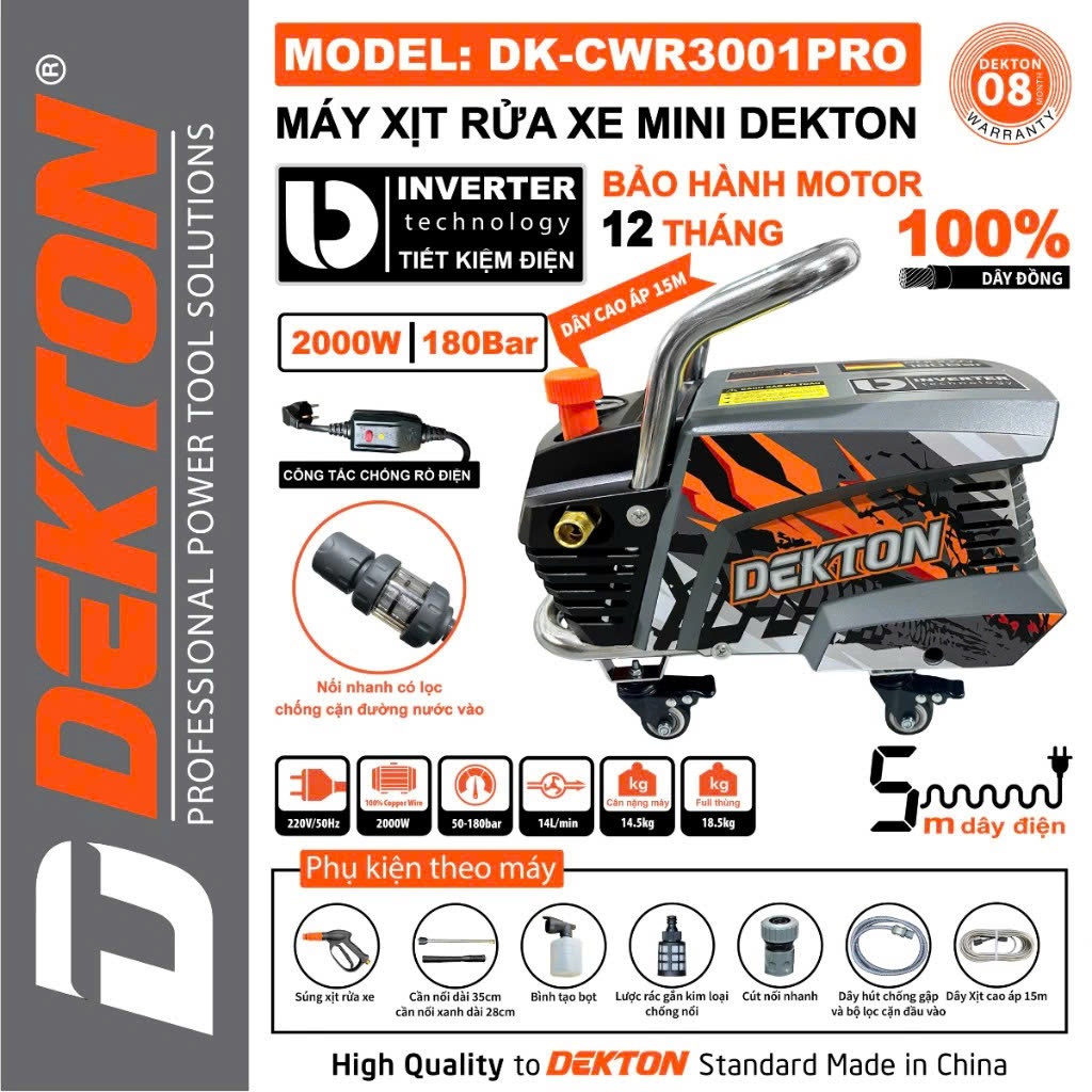 Máy Rửa Xe DEKTON DK-CWR3001PROMAX 2000W Inverter 50–180 Bar 14L/Phút Motor Dây Đồng Chính Hãng