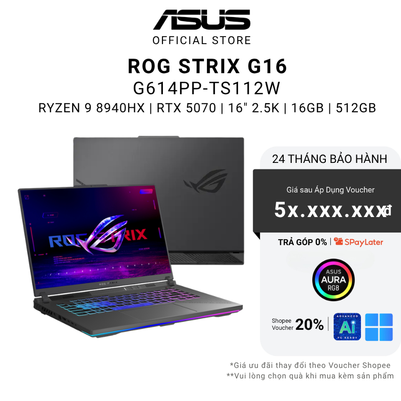Laptop ROG Strix G16 G614PP-TS112W RYZEN 9 8940HX | RTX 5070 8GB | 16GB | 512GB | 16" | Win 11