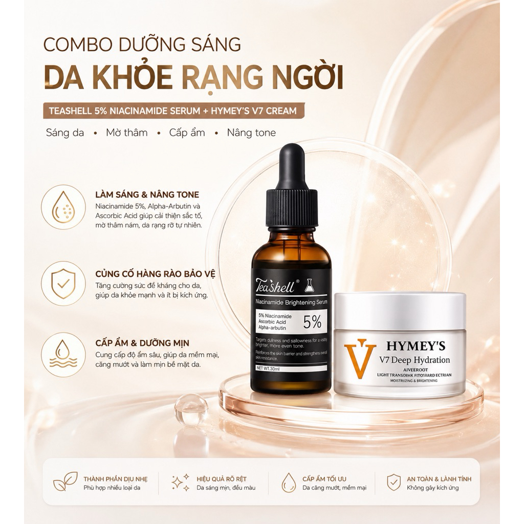 Combo Dưỡng Sáng Da Teashell Serum Niacinamide 5% Và Kem Dưỡng Hymeys V7 Cấp Ẩm Mờ Thâm Giúp Da Mịn Màng