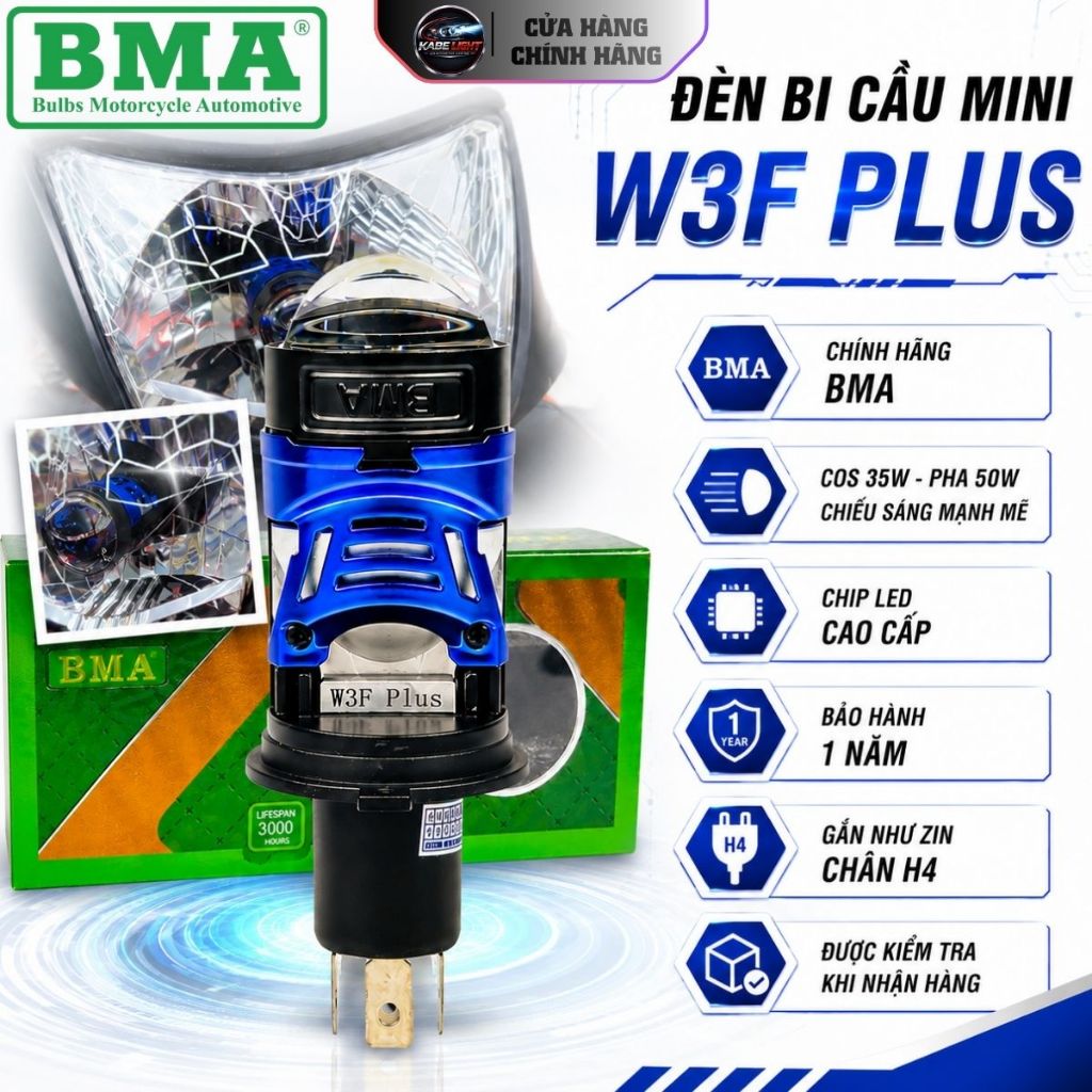 Đèn Pha Bi Cầu Mini BMA W3F Plus, W3F 55W Sáng Nét Như Bi Độ, Gắn Dễ Dàng Cho Chân H4-Bảo Hành 1 Năm